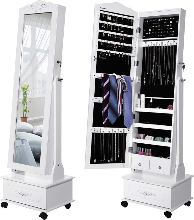 Oglinda de podea cu dulap depozitare bijuterii, iluminare LED si roti, cu cheie, 35x45x156 cm, alb [15]