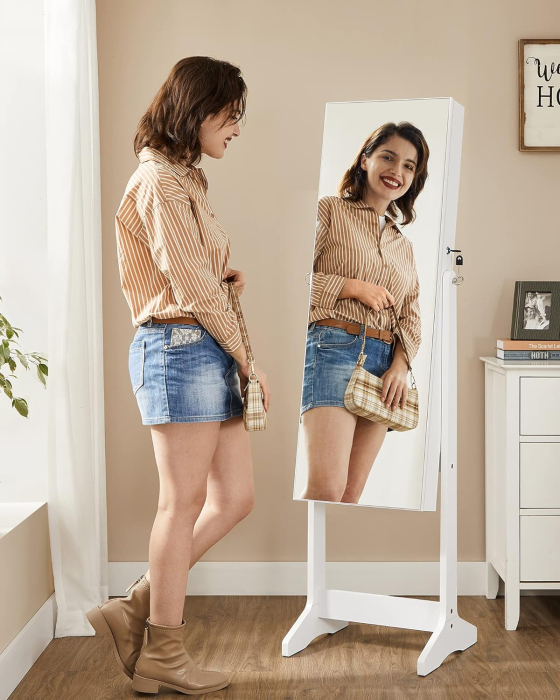 SONGMICS Oglinda de podea cu suport, design fara rama, cu spatiu de depozitare, 41x37x152cm, alb [4]