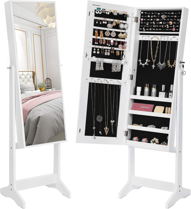 SONGMICS Oglinda de podea cu suport, din MDF, spatiu de depozitare, 41x37x152 cm, alb [9]