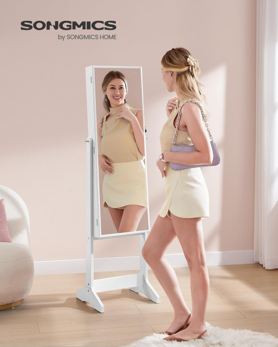 SONGMICS Oglinda de podea cu suport, din MDF, spatiu de depozitare, 41x37x152 cm, alb [2]