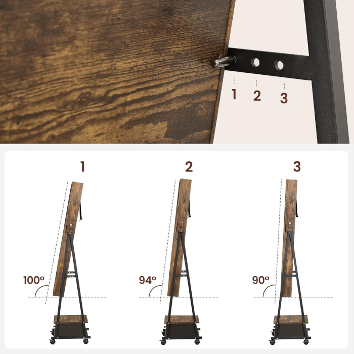 Oglinda de podea cu suport mobil pe roti, spatiu de depozitare, 42x37x153 cm, maro rustic [7]