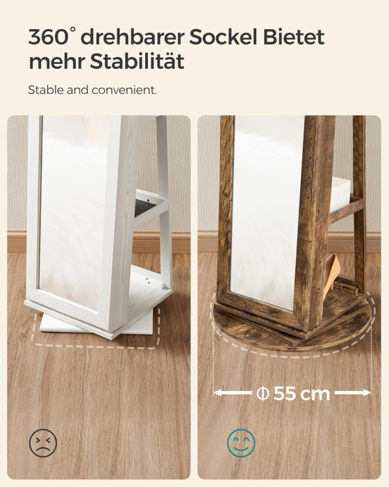 Oglinda de podea cu suport rotativ la 360  , cu spatiu de depozitare, 55x55x161cm, maro rustic [7]
