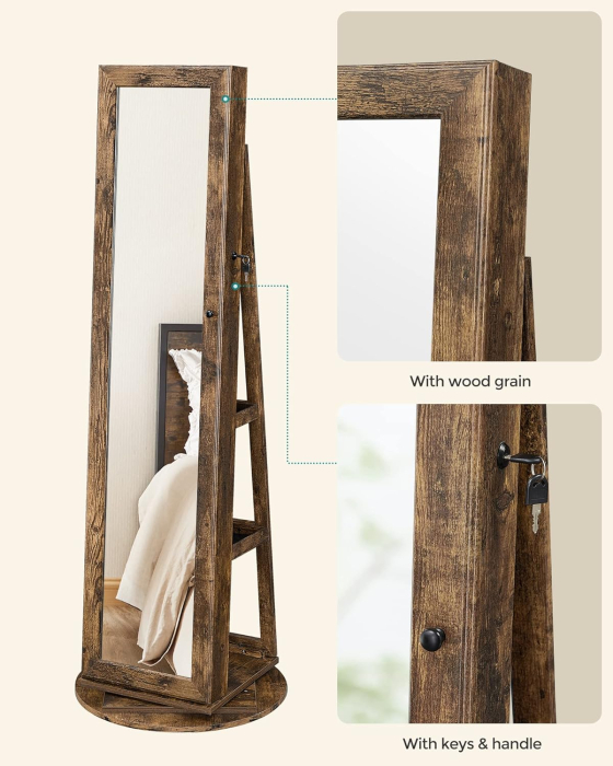 Oglinda de podea cu suport rotativ la 360  , cu spatiu de depozitare, 55x55x161cm, maro rustic [10]