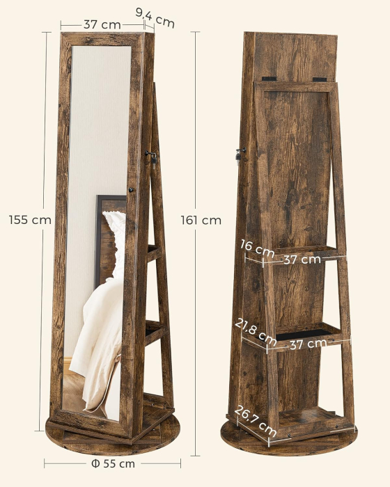 Oglinda de podea cu suport rotativ la 360  , cu spatiu de depozitare, 55x55x161cm, maro rustic [8]