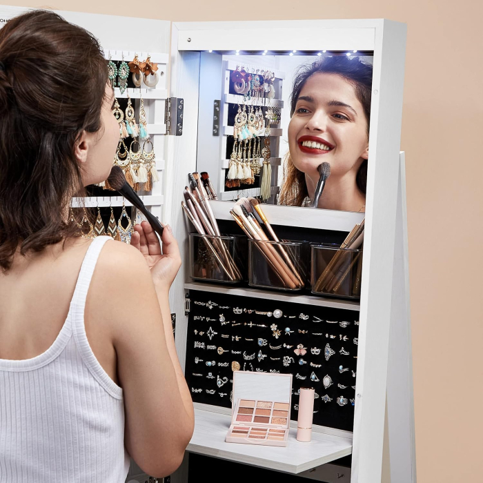 Oglinda de podea cu suport rotativ la 360Â°, cu spatiu de depozitare, 55x55x162 cm, alb cenusiu [4]