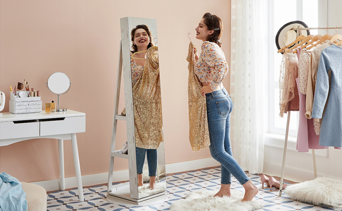 Oglinda de podea cu suport rotativ la 360Â°, cu spatiu de depozitare, 55x55x162 cm, alb cenusiu [5]