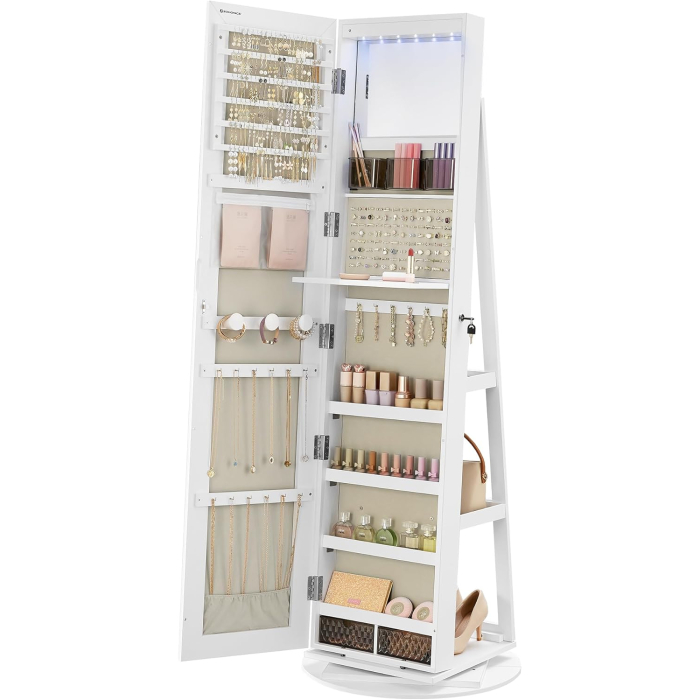 Oglinda de podea cu suport rotativ la 360Â°, cu spatiu de depozitare, material MDF, 55x55x162 cm, alb [9]