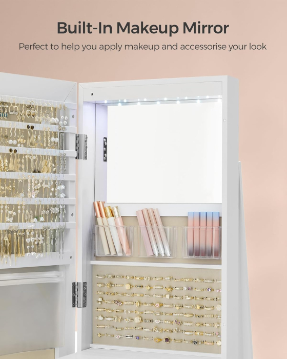 Oglinda de podea cu suport rotativ la 360Â°, cu spatiu de depozitare, material MDF, 55x55x162 cm, alb [6]