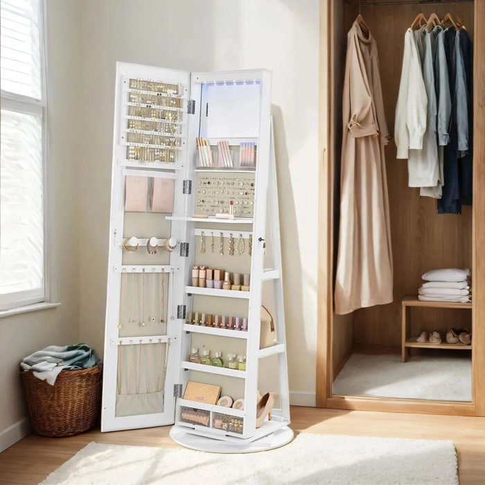 Oglinda de podea cu suport rotativ la 360Â°, cu spatiu de depozitare, material MDF, 55x55x162 cm, alb [2]