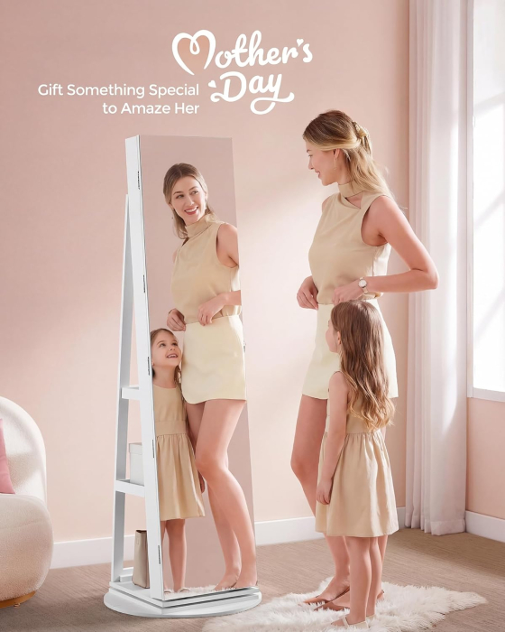 Oglinda de podea cu suport rotativ la 360Â°, cu spatiu de depozitare, material MDF, 55x55x162 cm, alb [4]