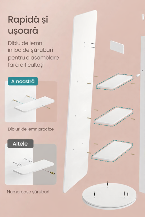 Oglinda inalta rotativa 360Â°, 2 in 1 cu rafturi si cuier in spate, MDF, sticla securizata, 45x45x163 cm, alb [8]