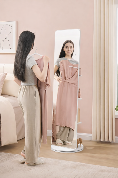 Oglinda inalta rotativa 360Â°, 2 in 1 cu rafturi si cuier in spate, MDF, sticla securizata, 45x45x163 cm, alb [3]