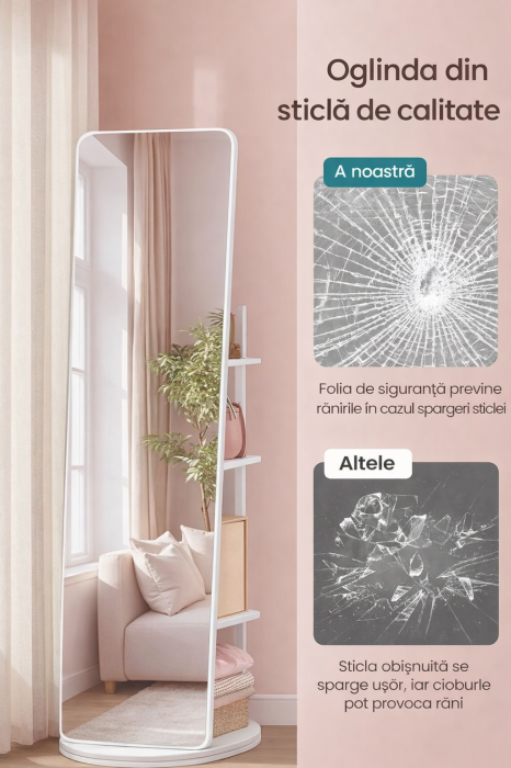 Oglinda inalta rotativa 360Â°, 2 in 1 cu rafturi si cuier in spate, MDF, sticla securizata, 45x45x163 cm, alb [6]