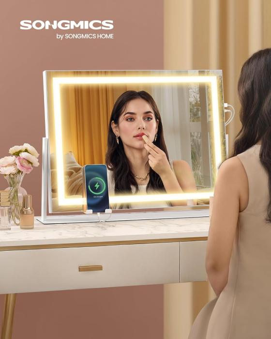 Oglinda machiaj cu iluminare LED, 3 culori lumina, suport telefon, 2 porturi USB, zoom 10x, 58x43 cm, alb [6]