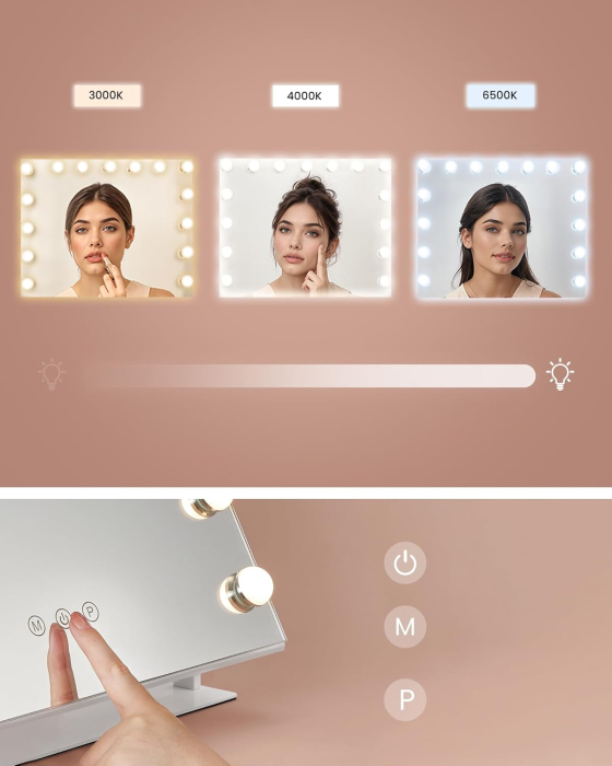 Oglinda machiaj cu iluminare LED, 3 culori lumina, suport telefon, 2 porturi USB, zoom 10x, 58x43 cm, alb [4]