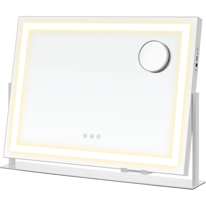 Oglinda machiaj cu iluminare LED, 3 culori lumina, suport telefon, 2 porturi USB, zoom 10x, 58x43 cm, alb [2]