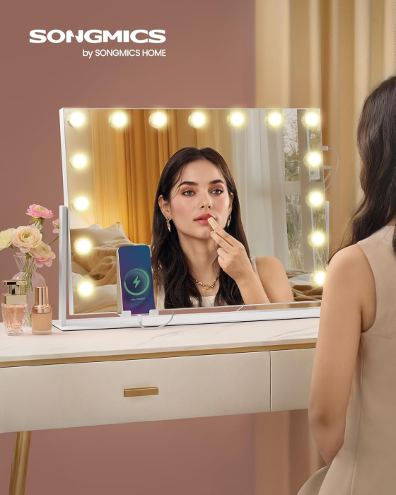 Oglinda machiaj cu iluminare LED, 3 culori lumina, suport telefon, porturi USB, zoom 10x, 58x43 cm, alb [4]