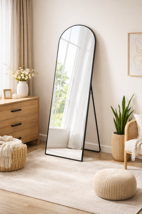 Oglinda podea, cu rama aluminiu si sticla securizata, design curbat, 150x40 cm, negru [8]