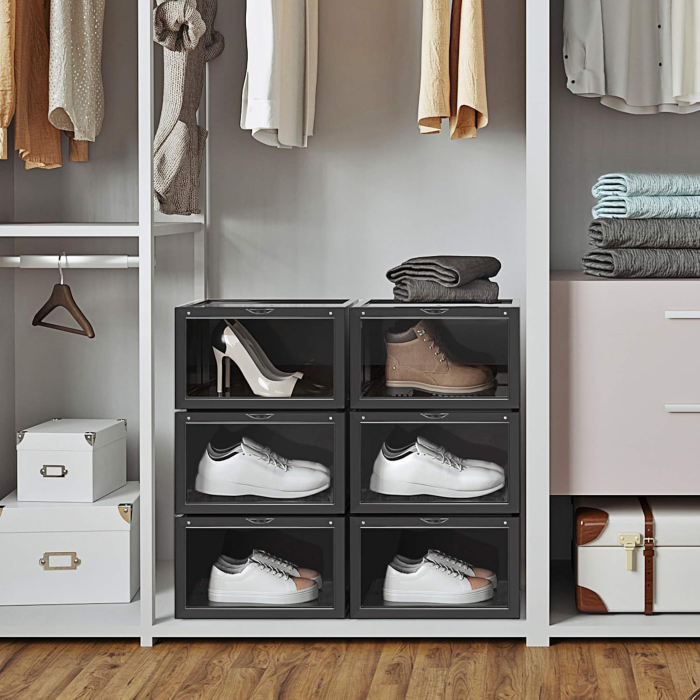 Organizatoare pantofi, transparente cu usa frontala, stivuibile, PVC, 6 cutii x 36x28x22 cm, negru [8]
