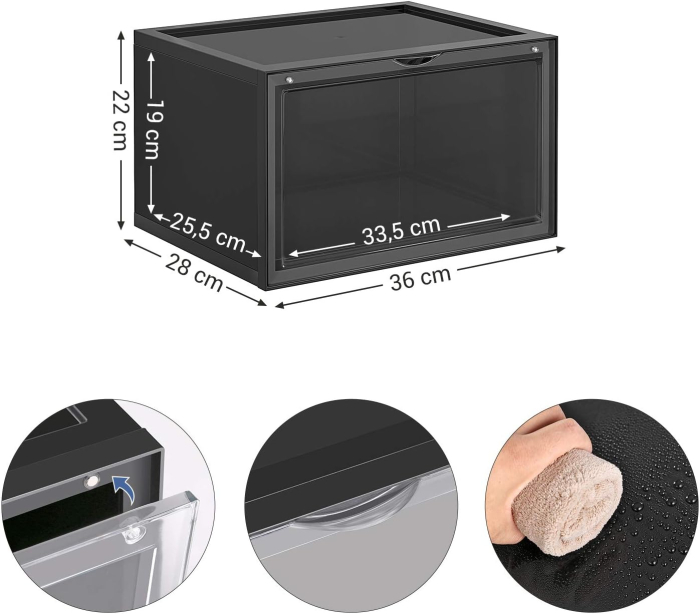 Organizatoare pantofi, transparente cu usa frontala, stivuibile, PVC, 6 cutii x 36x28x22 cm, negru [4]