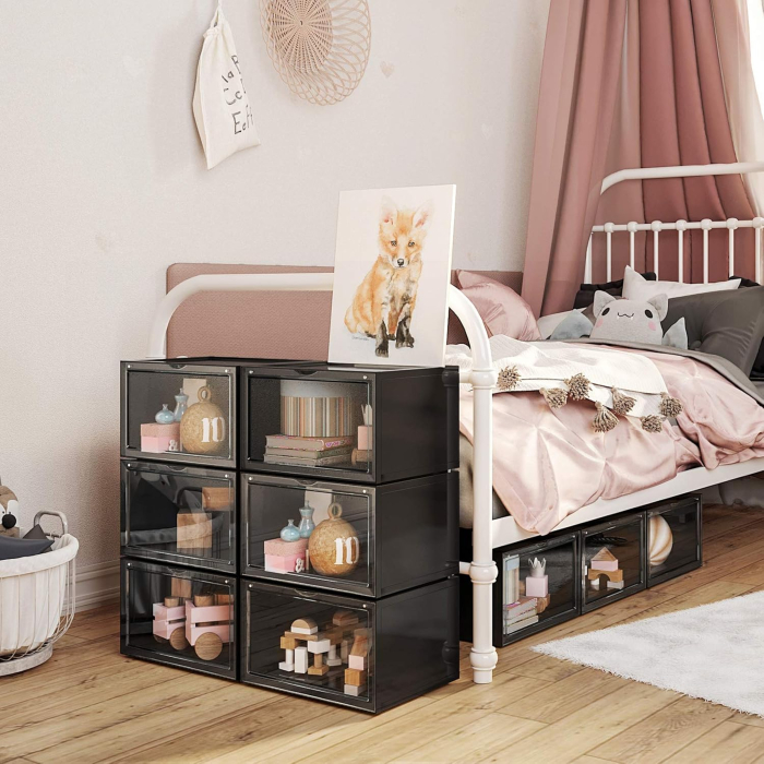 Organizatoare pantofi, transparente cu usa frontala, stivuibile, PVC, 6 cutii x 36x28x22 cm, negru [9]