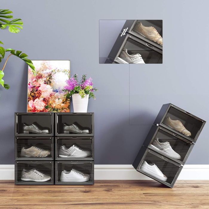 Organizatoare pantofi, transparente cu usa frontala, stivuibile, PVC, 6 cutii x 36x28x22 cm, negru [6]