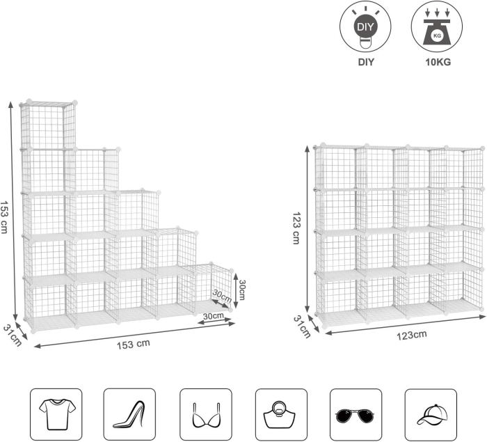 SONGMICS Organizator cu 16 cuburi modulare de depozitare, configurabil, metalic, 123x31x123cm, alb [3]