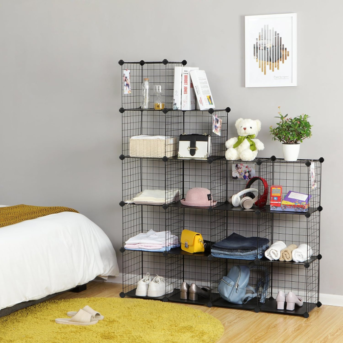 Organizator cu 16 cuburi modulare de depozitare, configurabil, metalic, 123x31x123cm, negru [4]