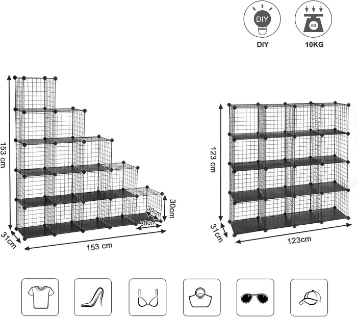Organizator cu 16 cuburi modulare de depozitare, configurabil, metalic, 123x31x123cm, negru [3]