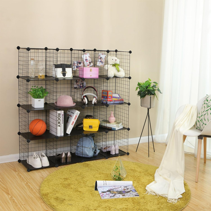 Organizator cu 16 cuburi modulare de depozitare, configurabil, metalic, 123x31x123cm, negru [2]