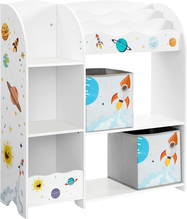 SONGMICS Organizator de jucarii si carti pentru copii, multifunctional cu 2 cutii de depozitare, 93x30x100cm, alb [2]