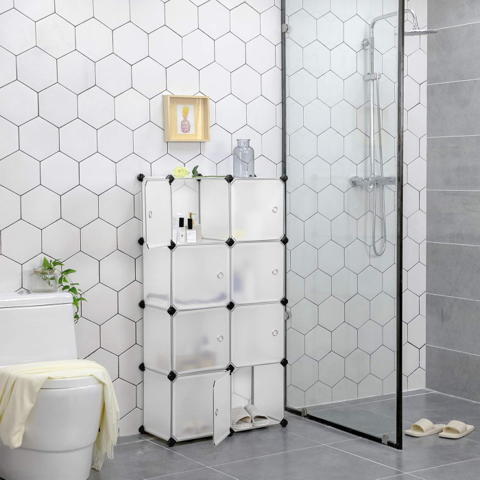 Organizator modular 9 cuburi cu usi, panouri plastic PP impermeabil, cadru metalic, anti-rasturnare, 93x31x93 cm, alb [3]