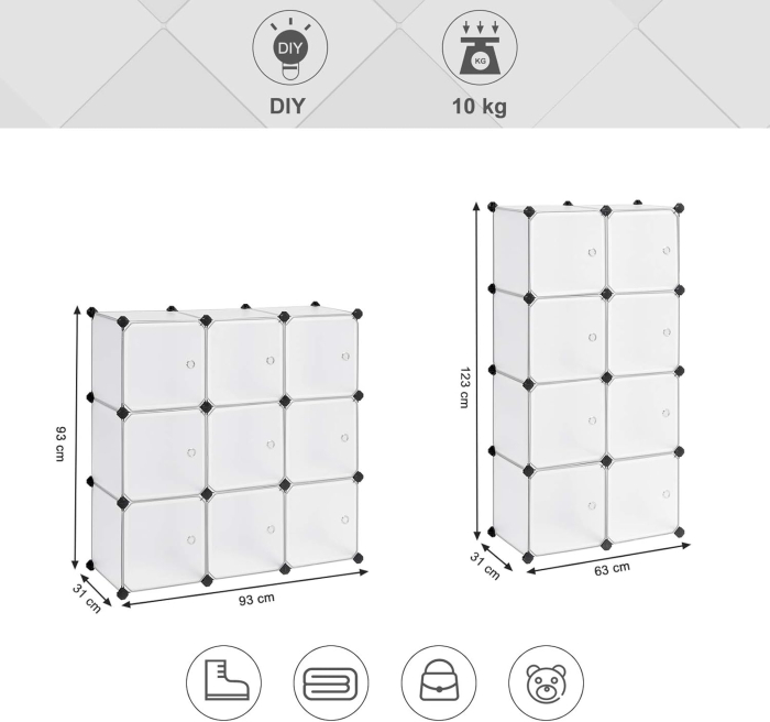 Organizator modular 9 cuburi cu usi, panouri plastic PP impermeabil, cadru metalic, anti-rasturnare, 93x31x93 cm, alb [4]