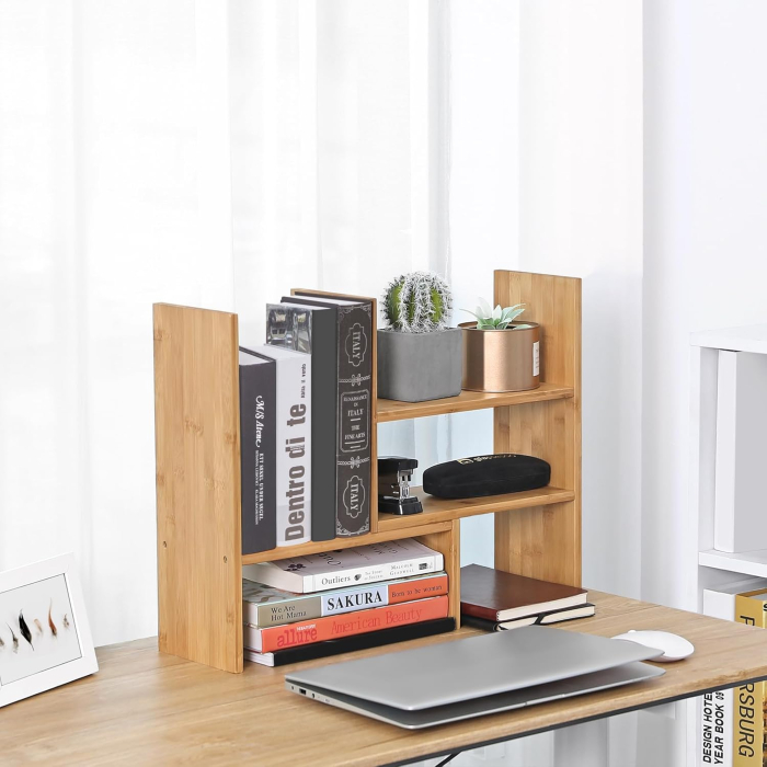 SONGMICS Organizator modular cu 3 forme de depozitare reglabile, din bambus, 65x15x40 cm, maro [8]