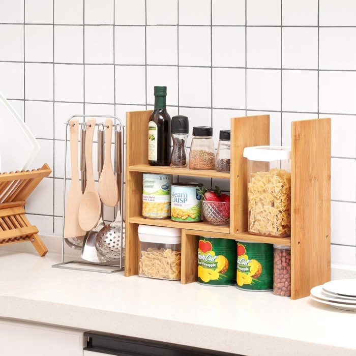 SONGMICS Organizator modular cu 3 forme de depozitare reglabile, din bambus, 65x15x40 cm, maro [6]