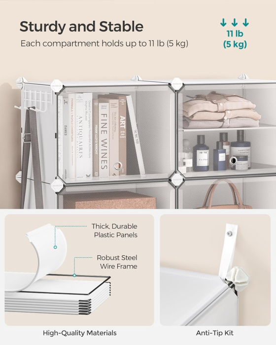 Organizator pantofi modular cu 12 compartimente, cadru metalic si panouri din plastic, cu usi, 124x32x125 cm, alb [2]