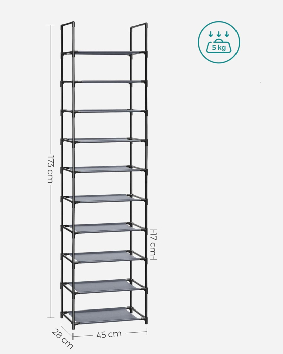 SONGMICS Pantofar cu 10 niveluri, cadru metalic si rafturi textile, 28x45x173 cm, gri [7]