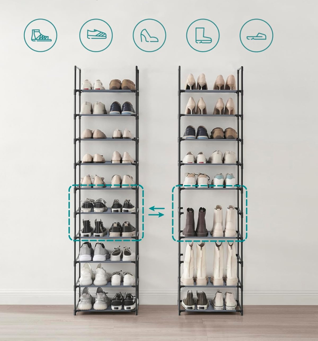 SONGMICS Pantofar cu 10 niveluri, cadru metalic si rafturi textile, 28x45x173 cm, gri [8]