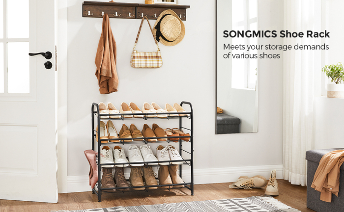 SONGMICS Pantofar cu 4 rafturi de depozitare, din metal, polite cu unghi reglabil, 28x69x65cm, negru [3]