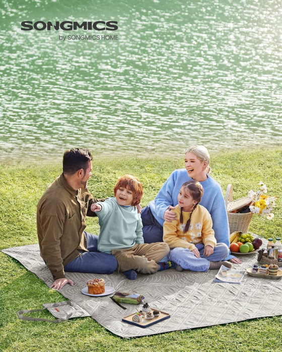 Patura picnic impermeabila 200x200 cm, cu ancore de fixare, pliabila, lavabila, multistrat, kaki cu model tropical [7]