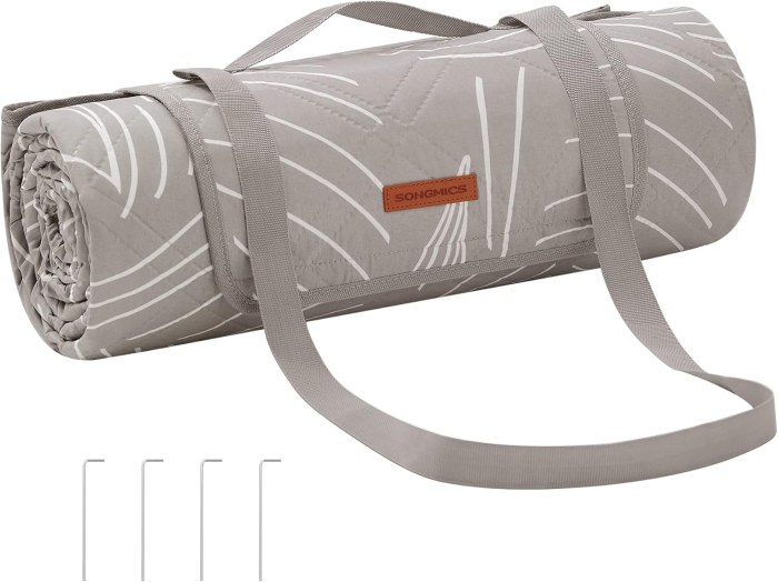 Patura picnic impermeabila 300x200 cm, cu ancore de fixare, pliabila, lavabila, multistrat, kaki cu model tropical [9]