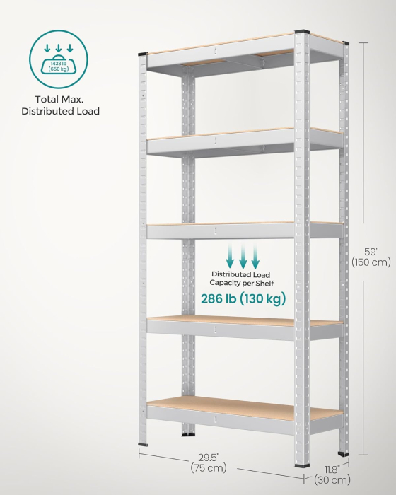Raft cadru metalic modular pentru depozitare, 5 polite, 150x75x30cm, sarcina 650 kg, argintiu [2]