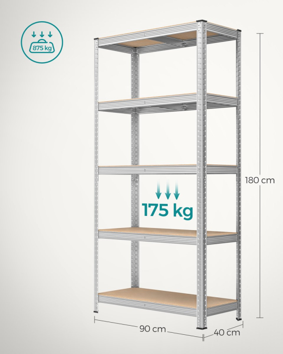 Raft cadru metalic modular pentru depozitare, 5 polite, 180x90x40 cm, sarcina 875 kg, gri [2]