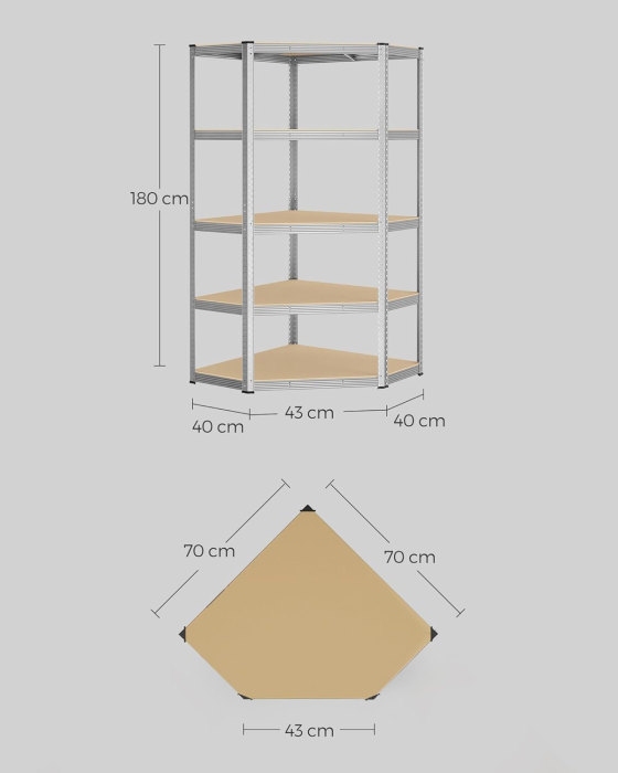 Raft de colt metalic cu 5 polite, pentru garaj sau depozitare, 70x70x180 cm, maxim 875 kg, argintiu [2]