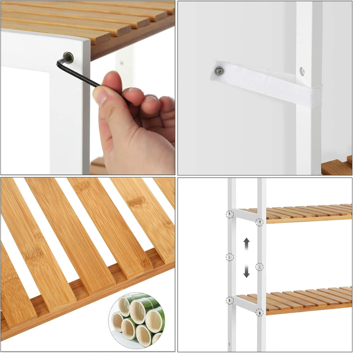 Raft de depozitare din bambus, 5 polite, pentru bucatarie sau baie, 130x60x26cm, alb si maro natur [6]