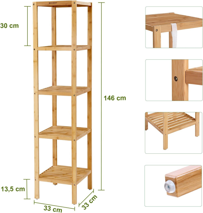 Raft de depozitare din bambus, 5 polite, pentru bucatarie sau baie, 146x33x33cm, maro natural [6]