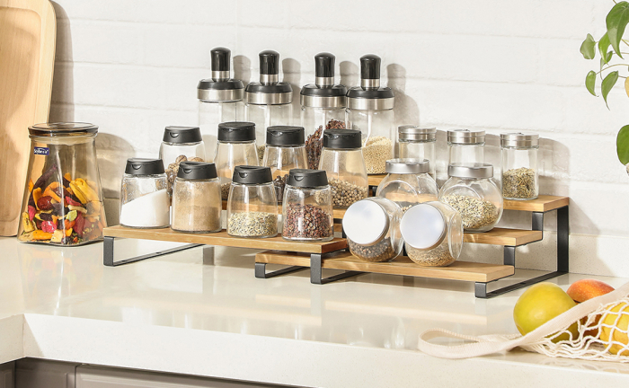 SONGMICS Raft de depozitare extensibil cu 3 nivele, bambus, stivuibil, 32x25x11cm, maro natur [3]