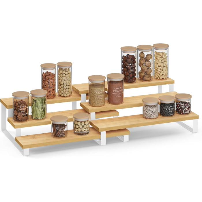 Set 2 suporturi condimente extensibile 3 niveluri, bambus si metal, modular, 32x25x12 cm, natur si alb [7]
