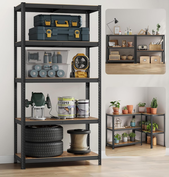 SONGMICS Raft de depozitare metalic, cu polite din PAL, 5 polite, max. 600 kg, 200x100x50cm, maro si negru [3]