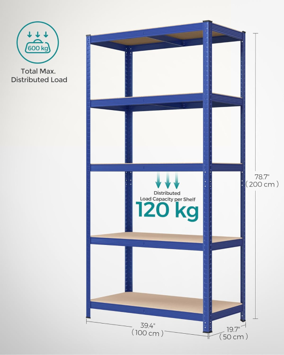 Raft de depozitare metalic, cu rafturi din PAL, 5 polite, max. 600 kg, 200x100x50cm, albastru [3]